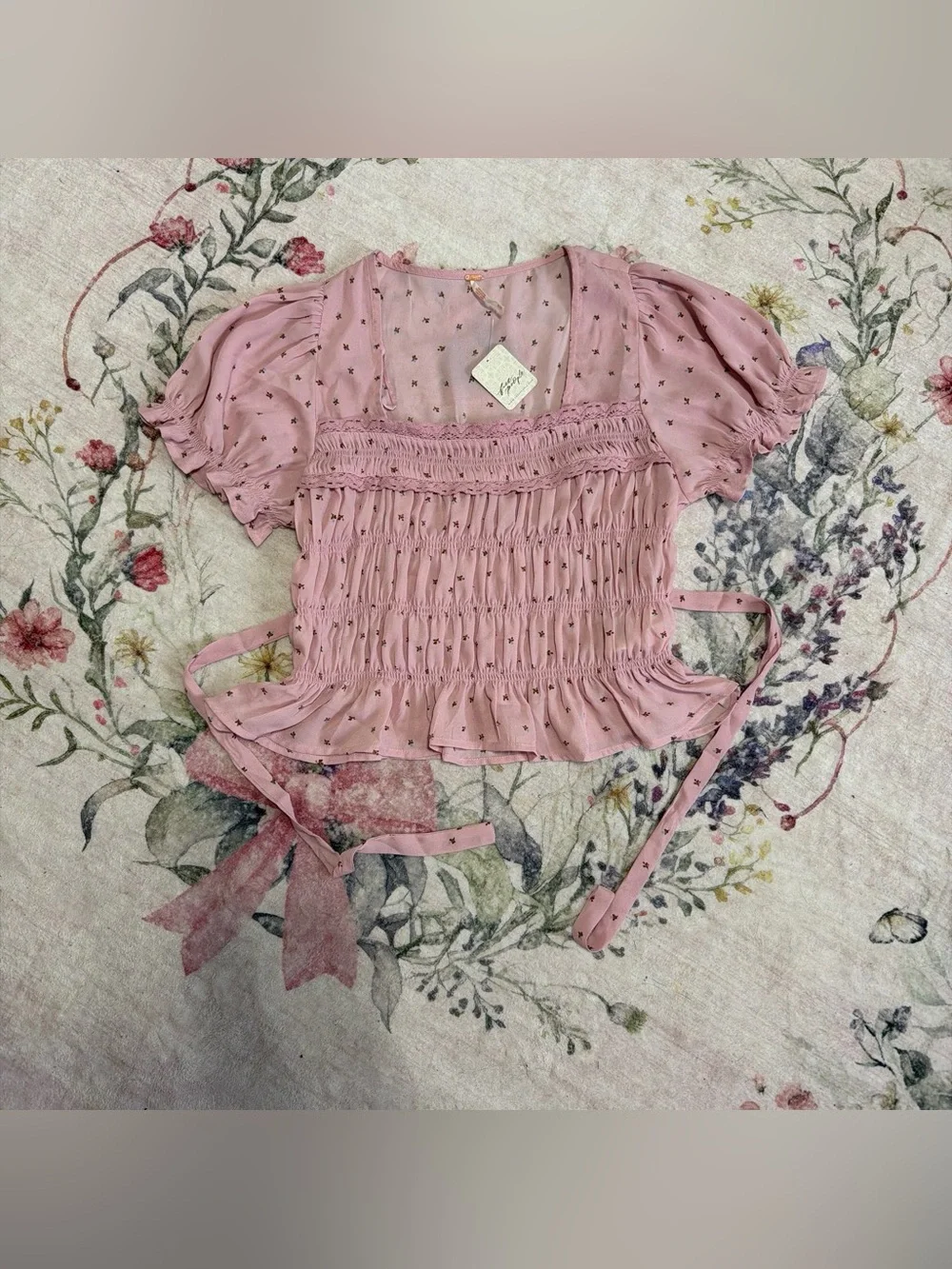 Free People Dusty Pink Smocked Puff Sleeve Tie-Waist Blouse